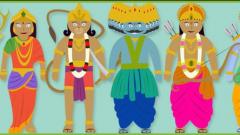 Cartoon image from Early Years HQ of  the Hindu Prince, Rama, his wife, Sita and his brother Lakshmana. Hanuman the monkey god, a golden deer and Ravana the 10 headed demon king are also present.  These are the main characters in a story linked to the Hindu festival of Diwali and they all wear beautiful golden jewellery 