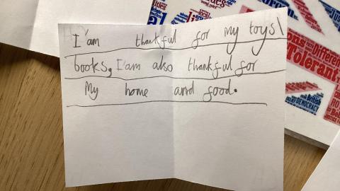 “I am thankful for my toys books I am also thankful for my home and food” writes a class 3 child