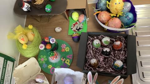 A selection of eggs decorated by children with Easter designs