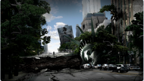 A city scene with tall white buildings, tall trees and blue sky. The statue of Liberty's head has fallen to the ground.  There is a large crack in the road and cars have crashed into the statue.