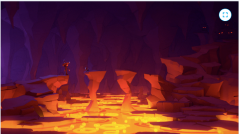 There is a river of golden lava inside a dark cave.  There are 2 pillars of stone standing in the lava which may have been linked to rocks on either side like a bridge.  A small child stands on the left side looking towards a small object on the first pillar.  In the darkness in the right corner there are pairs of glowing red eyes.