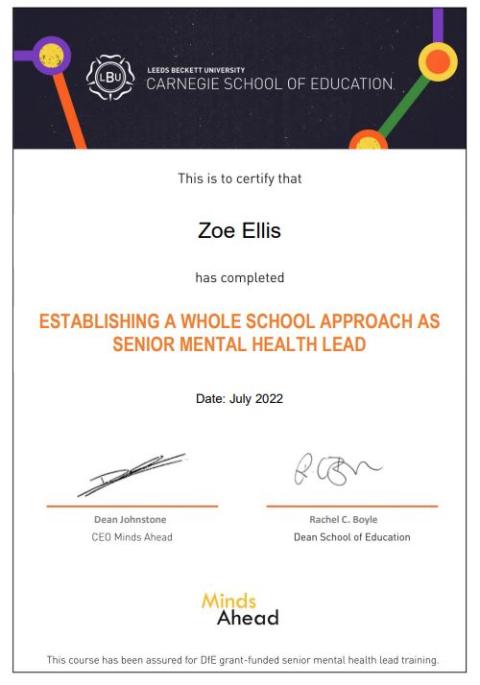Mental Health Lead Certificate for Mrs Ellis