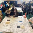 Children writing on huge mind map analysing text 