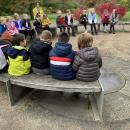 Class 3 pupils sat outside the Braemar learning centre at Harlow Carr discussing how the building was made to make it greener for the planet.