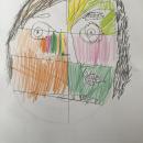 A child's portrait. It is divided into sections which are coloured in differently.